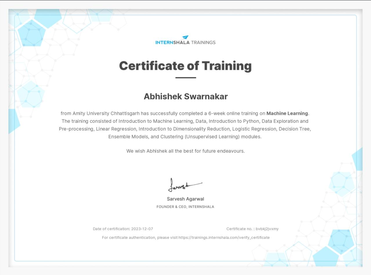 Machine Learning Training Certificate
